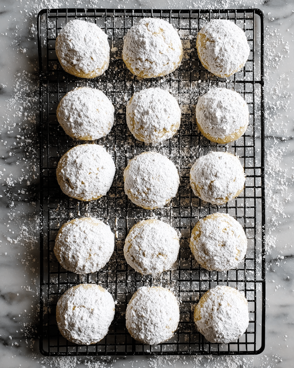 Fifteen round cookies are arranged neatly in a 3x5 grid on a black cooling rack. Each cookie is covered in a thick layer of white powdered sugar, which contrasts with the light golden-brown color of the cookie beneath. The cookies have a slightly rough texture visible through the powdered sugar. The cooling rack is placed on a white marbled surface, and some powdered sugar is scattered around the cookies, adding a delicate, snowy effect. The photo is taken from above, showing the uniformity and soft texture of the cookies. photo taken with an iphone --ar 4:5 --v 7