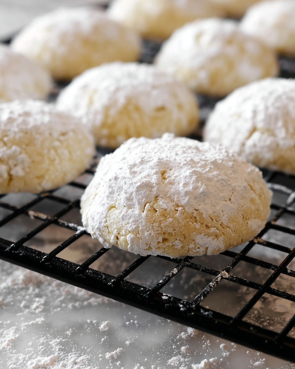 A close-up view of a black cooling rack filled with round cookies, each cookie covered in a thick layer of powdered sugar that dusts the surface unevenly, showing a light golden dough color beneath. The cookies have a soft, slightly cracked texture and are spaced evenly on the rack. The background shows a white marbled texture with scattered powdered sugar around the rack, giving a fresh-baked look. Photo taken with an iphone --ar 4:5 --v 7