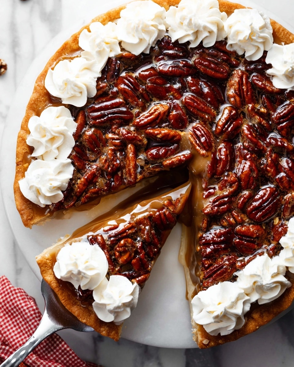 A pecan pie with a golden-brown crust forms the bottom layer, topped with a smooth caramel-colored filling visible at the edges. Above this is a thick layer of glossy, dark brown caramel-coated whole pecan halves covering the entire pie top. Around the outer edge, dollops of white whipped cream are evenly spaced, adding a soft, textured contrast. One slice is slightly lifted by a white metal spatula, revealing the creamy filling and crust inside. The pie sits on a white marbled surface, with a small glimpse of a red and white checkered cloth in the lower left corner. photo taken with an iphone --ar 4:5 --v 7