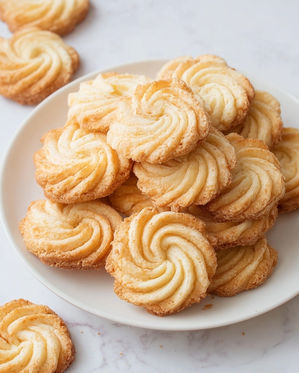 A white plate is filled with a stack of round, golden-brown cookies, each with a detailed swirl pattern on top that creates a layered, ridged texture. The cookies have a slightly crispy edge with a lighter, soft-looking center, and their gentle curves catch the light softly. A few cookies are scattered on a white marbled surface around the plate, blending harmoniously with the background, and the overall composition highlights the warm, inviting tones of the baked cookies. photo taken with an iphone --ar 4:5 --v 7