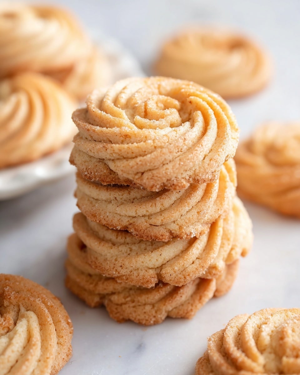 A stack of five golden brown cookies sits in the center, each with a round, spiral shape that shows delicate ridges and a slightly crumbly texture. The cookies have a light to medium golden color with hints of a crisp edge, and the spirals create a soft, wave-like pattern on top. Around the stack, more cookies spread out on a white marbled surface, slightly out of focus to draw attention to the main stack. In the background, a white plate holds several more cookies that have the same spiral, textured form. The photo taken with an iphone --ar 4:5 --v 7