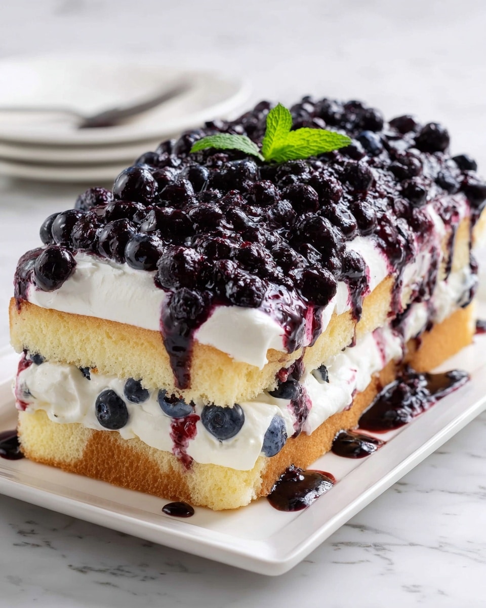 The image shows a rectangular two-layer cake on a white rectangular plate, placed on a white marbled surface. The bottom layer consists of a light yellow sponge cake topped with a thick layer of white whipped cream and dark purple blueberry sauce with whole blueberries, some sauce dripping down the sides. The second layer is another slice of sponge cake with a thick layer of whipped cream on top, covered with a generous amount of blueberry sauce and whole blueberries that spread evenly across the surface, with sauce dripping down the sides. A small green mint leaf sits on the top center of the cake. Photo taken with an iphone --ar 4:5 --v 7