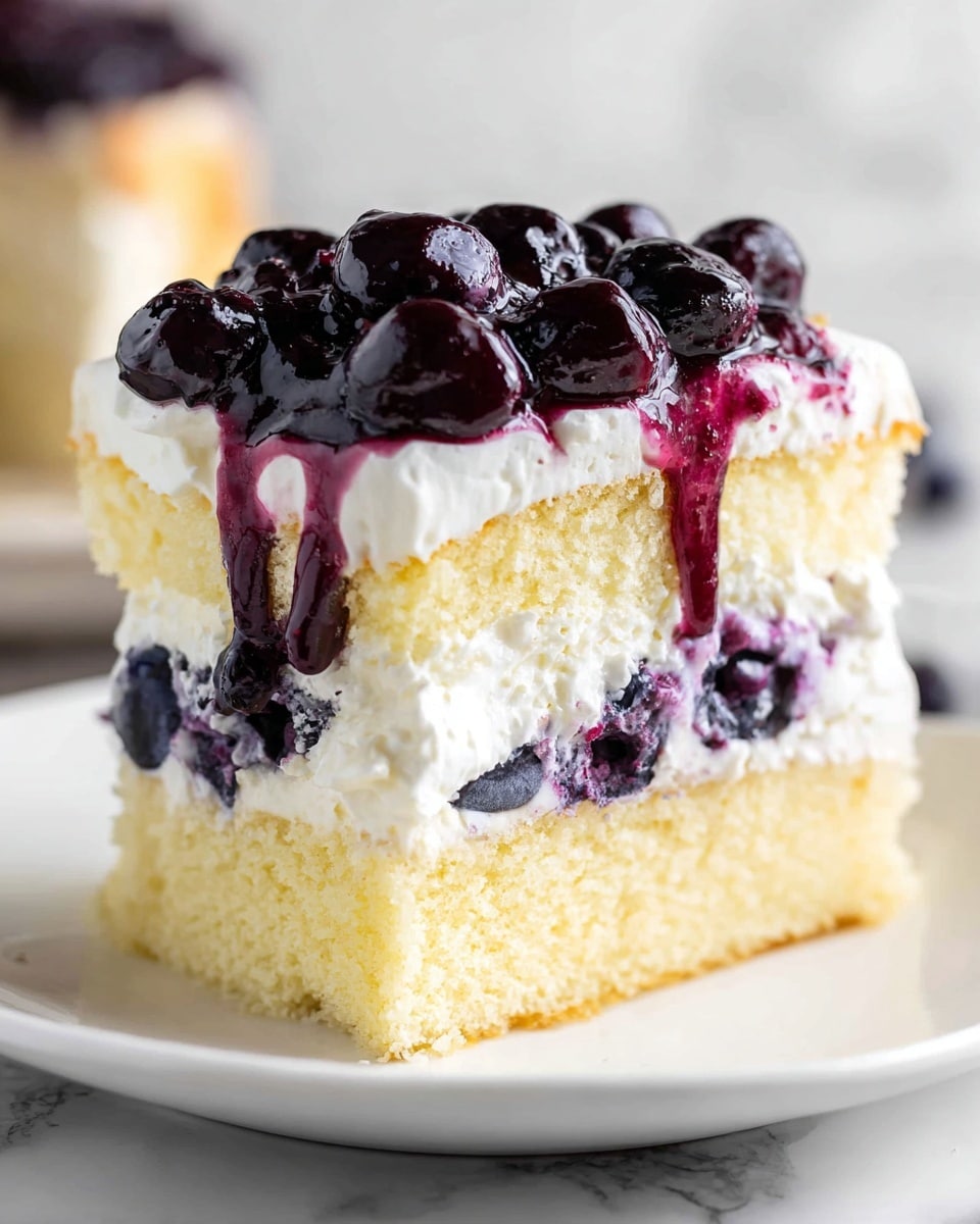 The image shows a slice of layered cake on a white plate set on a white marbled surface. The cake has four layers: the bottom layer is light yellow sponge cake, followed by a thick layer of white cream mixed with whole blueberries and some purple berry juice. On top of this is another layer of light yellow sponge cake, then a thick layer of white cream, and finally a topping of glossy dark purple whole blueberries and berry sauce dripping slightly down the sides. The textures include soft sponge, smooth cream, and shiny berry topping. Photo taken with an iphone --ar 4:5 --v 7