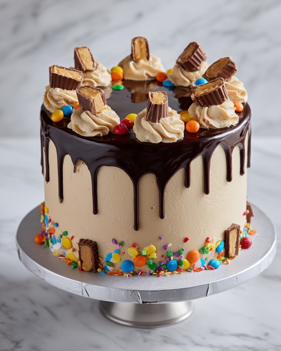 The cake has two main layers: the outer frosting is smooth and light brown, covering the whole cake, while the top is glossy dark chocolate ganache that drips down the sides in uneven streams. On top, there are dollops of light beige cream around the edge, each topped with a halved peanut butter cup and small pieces of peanut butter candy with colorful candy bits scattered throughout. The cake sits on a white cake board on a silver stand, placed on a white marbled surface. photo taken with an iphone --ar 4:5 --v 7
