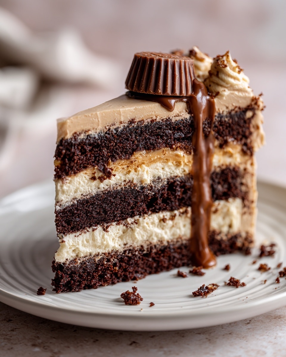 A slice of four-layer chocolate cake sits on a white plate with a white marbled texture background. The layers alternate between dark, moist chocolate cake and light brown creamy frosting, each layer thick and distinct. The top of the slice is covered with a smooth layer of light brown frosting. On one side, there is a decoration of rich, glossy dark chocolate and a chocolate peanut butter cup with textured ridges, partially melted frosting dripping down from the decoration to the bottom edge of the cake. There are some crumbs scattered around the plate. Photo taken with an iphone --ar 4:5 --v 7