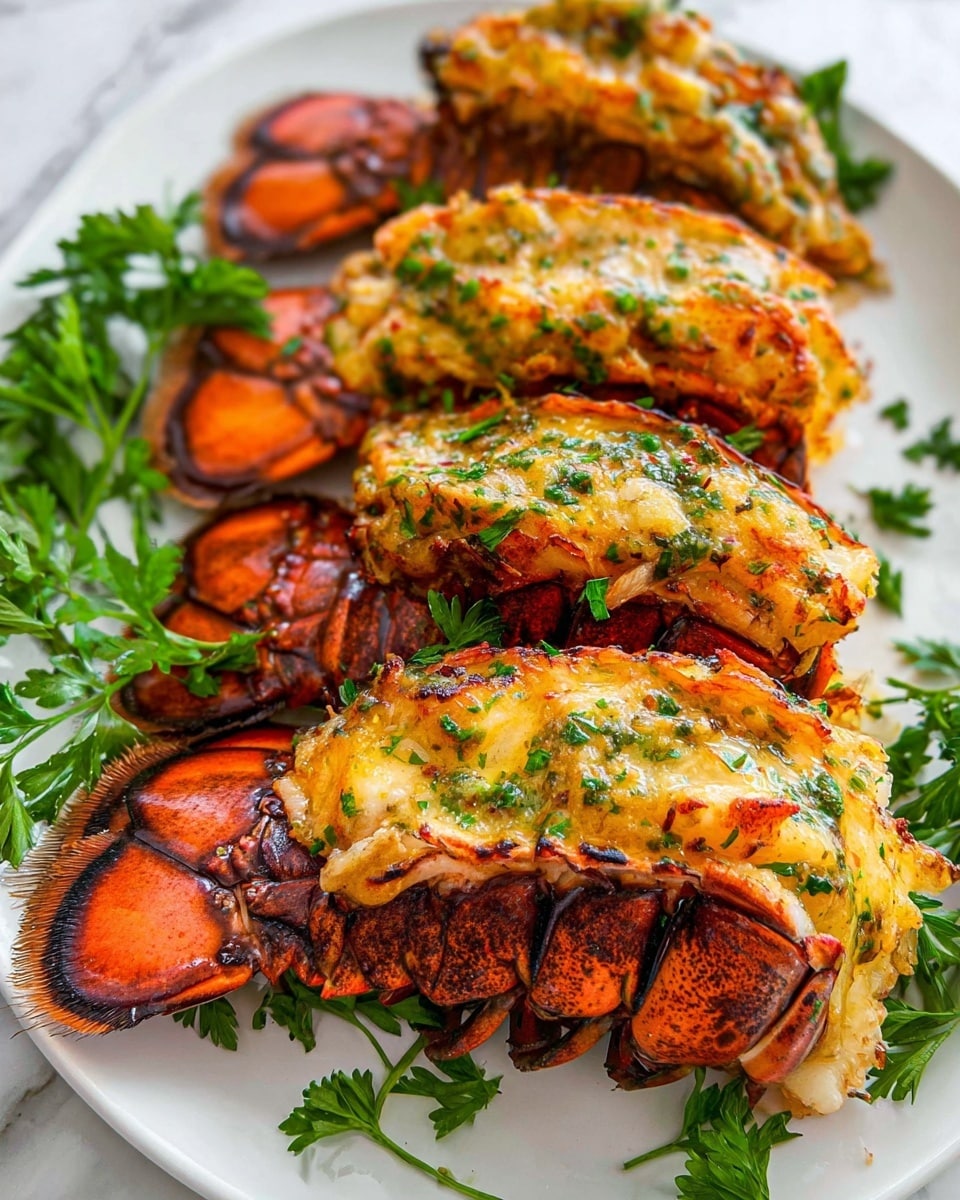 The image shows four grilled lobster tails arranged on a white plate with a slightly glossy surface. Each tail has a dark reddish-brown shell forming the base layer, with bright orange lobster meat on top, covered by a golden, slightly creamy layer of melted herb and garlic butter mixed with green parsley flakes. The butter layer looks rich and textured, slightly crisped from grilling, and garnished with additional fresh parsley leaves around the plate edges. The dish is set against a white marbled surface. photo taken with an iphone --ar 4:5 --v 7