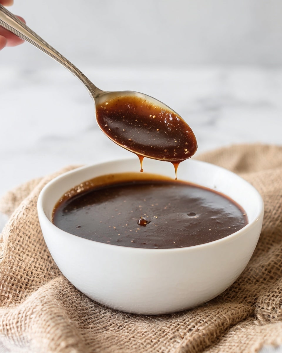 A white bowl filled with thick, dark brown sauce with a smooth and slightly glossy texture. A silver spoon is held above the bowl by a woman's hand, with sauce dripping from the spoon’s edge. The bowl rests on a rough, light brown burlap cloth, all against a white marbled surface. Photo taken with an iphone --ar 4:5 --v 7
