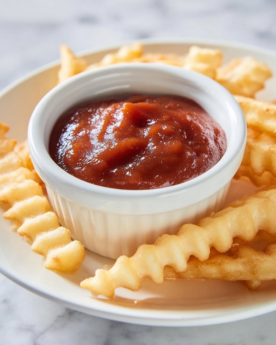 A small white ramekin filled with thick, rich tomato ketchup showing a smooth texture sits at the center of a white plate. Around the ramekin, there is a single layer of crinkle-cut fries, golden and crispy on the edges, creating a ring. The scene is set on a white marbled surface with soft natural light highlighting the food. photo taken with an iphone --ar 4:5 --v 7