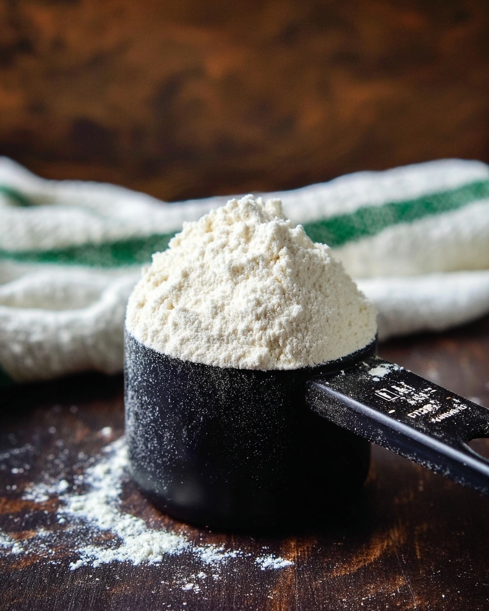A black measuring cup filled with white flour heaping above the rim, resting on a dark wooden surface with a white and green striped cloth blurred in the background, the flour showing a fine, powdery texture spilling slightly over the edges, photo taken with an iphone --ar 4:5 --v 7