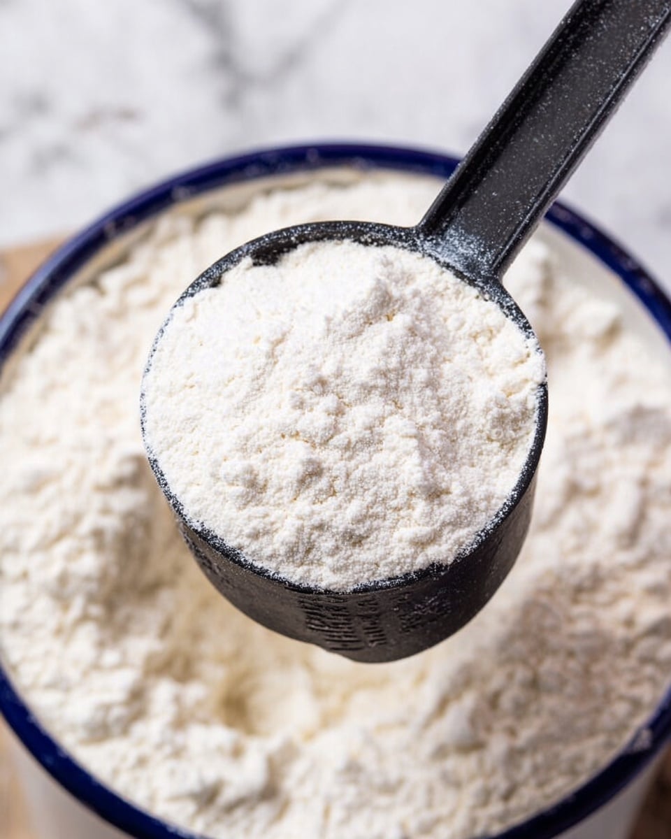 A close-up view of a black measuring cup filled with fine, white powder, held above a container filled with more white powder, showing a textured, slightly clumpy surface. The container has a white interior with a blue rim, and the background is a white marbled texture. The powder looks soft and dry, and the black handles of the measuring cup extend upward out of the frame. photo taken with an iphone --ar 4:5 --v 7