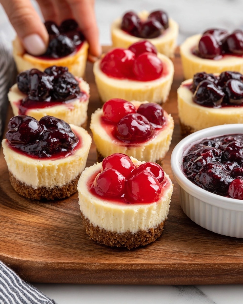 The image shows mini cheesecakes arranged on a wooden board. Each cheesecake has three layers: a bottom crumbly brown crust, a thick creamy pale yellow middle layer, and a glossy red or dark purple fruit topping made of whole berries. Most cheesecakes have a bright red cherry topping, while a few have a dark purple berry topping. The cheesecakes are in white paper liners, and a white bowl filled with the shiny red cherry topping sits on the right side. A woman's hand is reaching towards one of the cheesecakes in the top left corner. The background is a white marbled texture. photo taken with an iphone --ar 4:5 --v 7