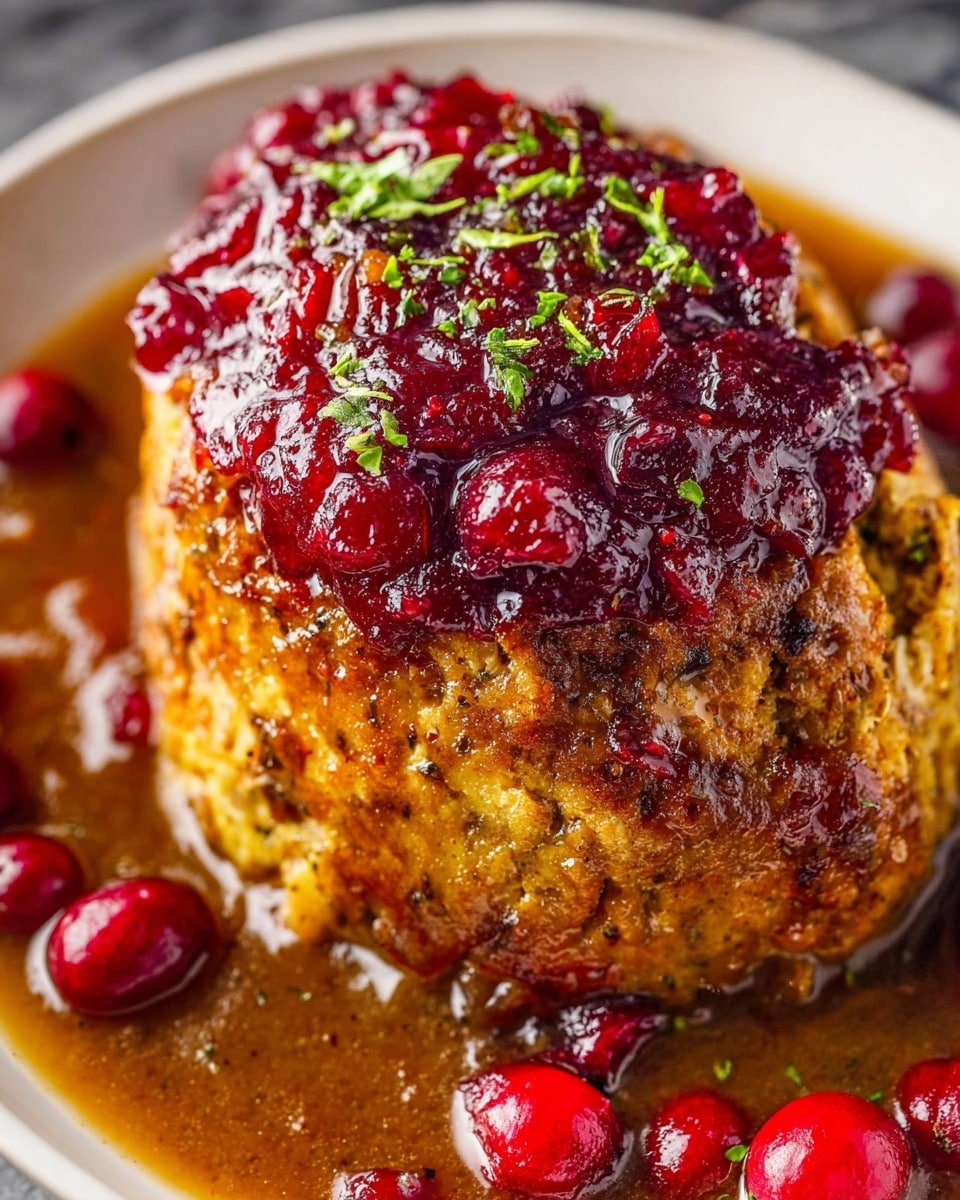 A tall, rounded mound of golden brown baked dish sits in the middle of a white plate, covered with a thick, glossy layer of deep red cranberry sauce on top, which is sprinkled with small bits of green herbs. Surrounding the mound is a rich, brown gravy that spreads across the plate, with whole bright red cranberries scattered evenly around the edge on the white marbled texture surface. The dish looks moist and hearty, with textured bits visible in the gravy and sauce, creating a warm, inviting look. Photo taken with an iphone --ar 4:5 --v 7