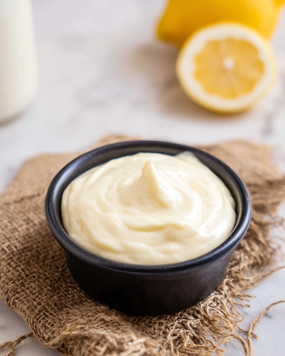 The image shows a small black bowl filled with creamy, smooth, off-white sauce or dip. The creamy layer is thick with a slight peak in the middle, giving it a soft texture. The bowl is placed on a piece of loose brown burlap fabric, which lays on a white marbled surface. In the blurred background, there is a halved yellow lemon with visible segments on the right, and a white container on the left. Photo taken with an iphone --ar 4:5 --v 7