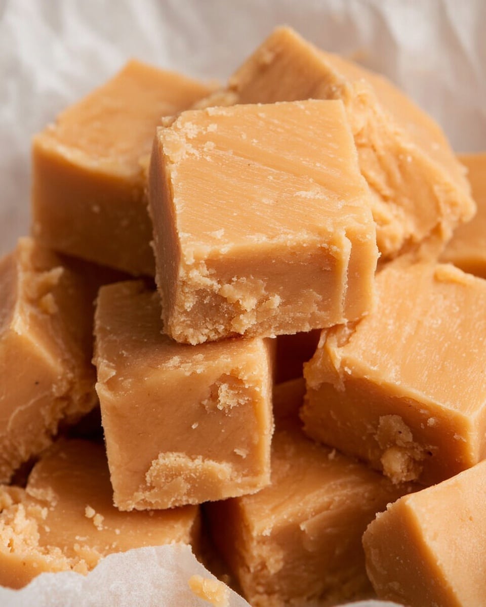 Close-up view of several small cubes of light brown fudge with a smooth but slightly crumbly texture. The cubes are stacked in an uneven pile on white parchment paper, showing rough edges and some small flakes around them. The surface of each cube has a matte look with faint lines and a soft finish, highlighting their dense, creamy consistency. photo taken with an iphone --ar 4:5 --v 7