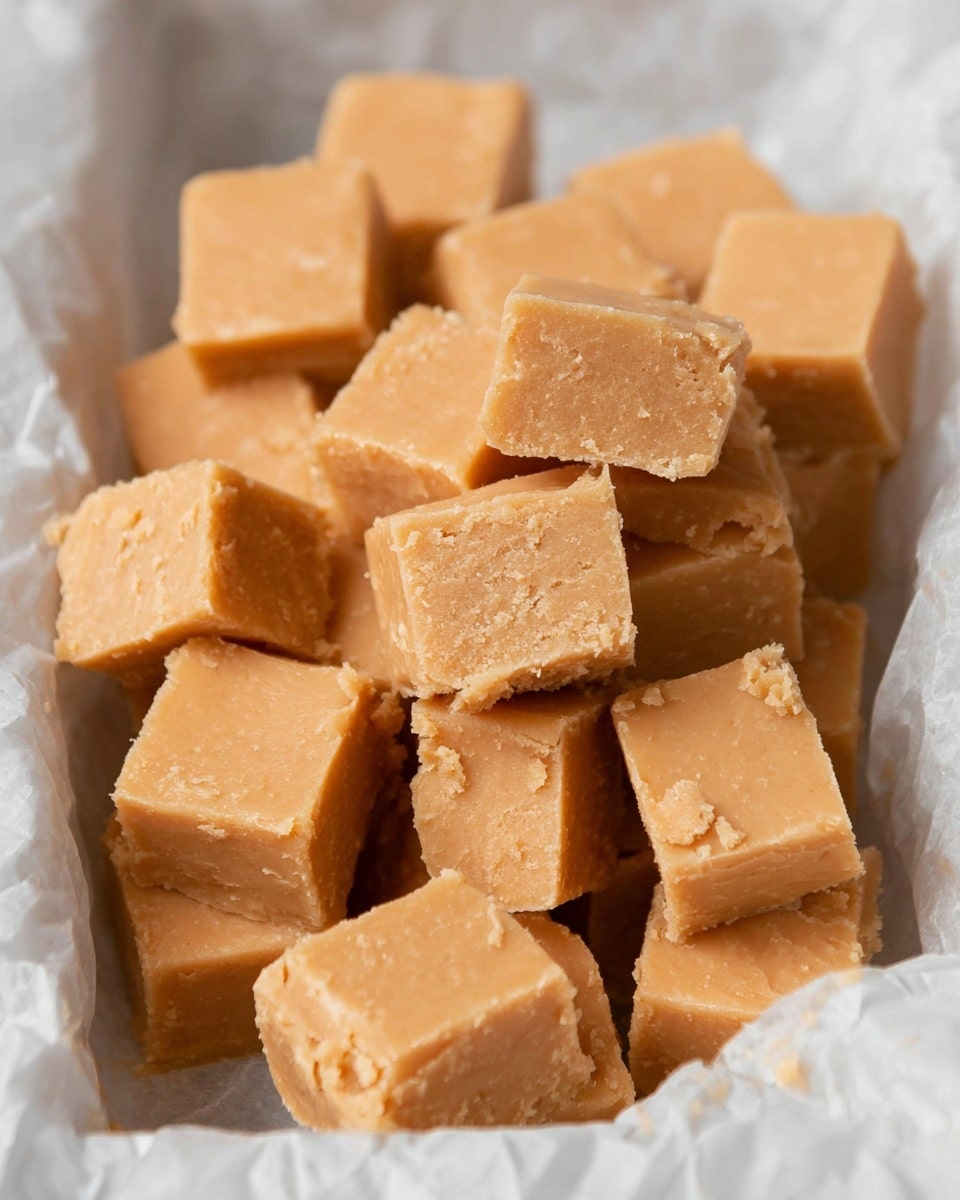 The image shows a pile of small, square fudge pieces that are a light caramel color with a slightly crumbly and smooth texture. The fudge blocks are stacked unevenly on white crumpled parchment paper that lines a container or tray. Some fudge pieces have small cracks and crumbles on their edges, showing a soft and dense inside. The background is a white marbled texture. photo taken with an iphone --ar 4:5 --v 7