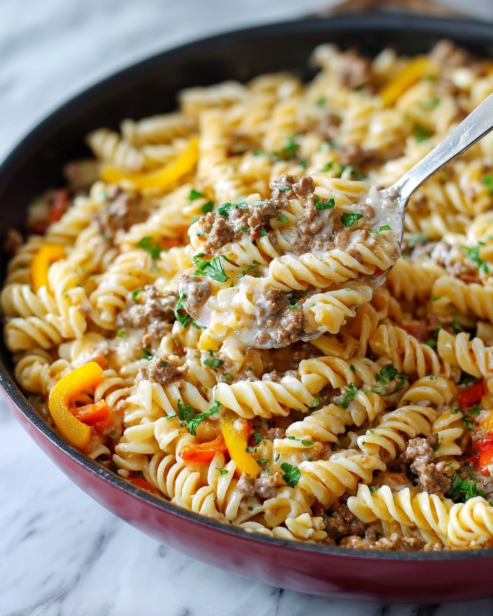 The image shows a close-up of a skillet filled with three main layers: at the bottom, yellow and orange bell pepper slices with a shiny, slightly soft texture; above that, spiraled creamy rotini pasta mixed with pieces of cooked brown ground meat; on top, thinly sliced white onions and small green parsley leaves scattered throughout. A silver utensil is lifting a portion of the pasta mix, highlighting the creamy sauce coating the ingredients. The skillet itself has a dark red edge and the background is a white marbled texture. photo taken with an iphone --ar 4:5 --v 7