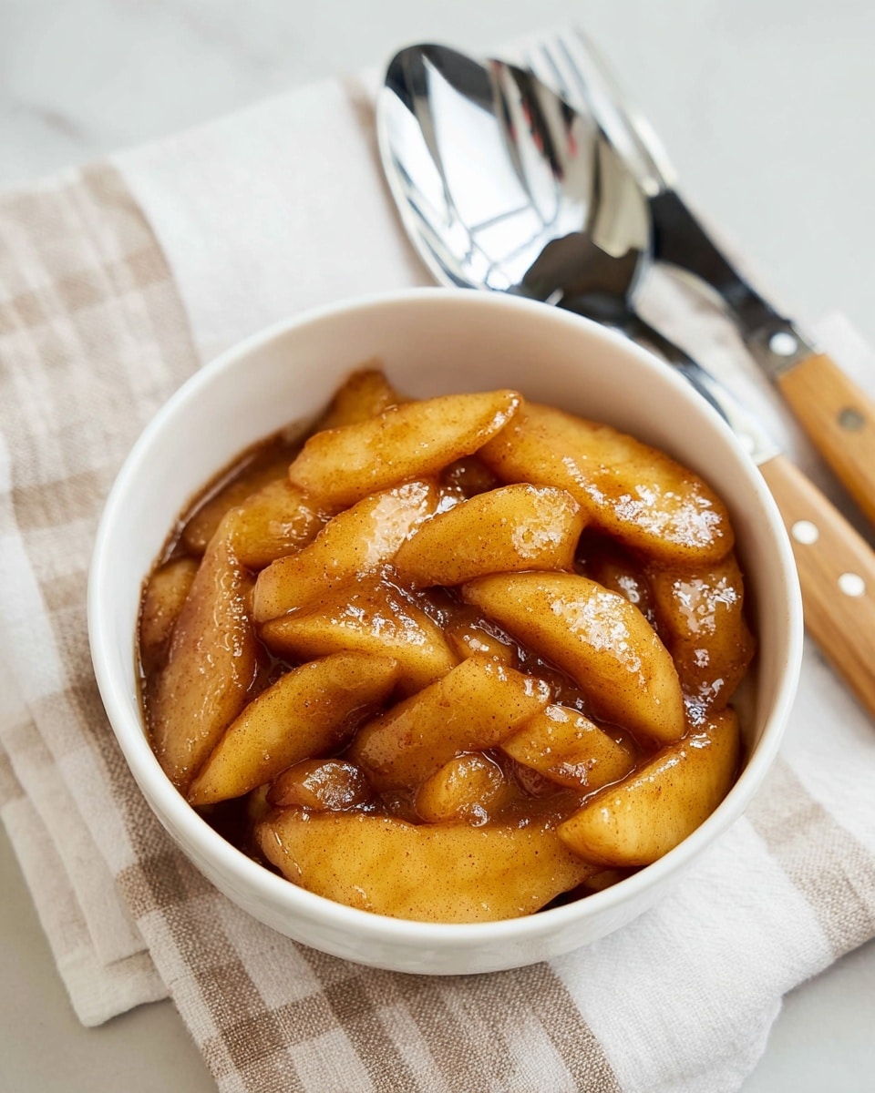 A white bowl filled with cooked apple slices coated in a thick, glossy cinnamon sauce, giving them a warm golden-brown color with visible cinnamon specks. The apple slices are soft and slightly caramelized, piled unevenly inside the bowl. The bowl is placed on a white cloth with beige checkered lines, next to a white marbled surface. A spoon and fork with wooden handles rest beside the bowl on the cloth. photo taken with an iphone --ar 4:5 --v 7