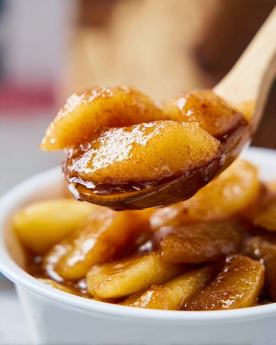 A close-up image of soft, cooked apple slices covered in a shiny cinnamon sauce, held by a wooden spoon above a white bowl filled with the same warm, glistening apple mixture. The apple slices are golden brown and tender, showing some texture from the cinnamon and sugar glaze. The background is soft and blurred with warm tones, and the surface below is a white marbled texture. photo taken with an iphone --ar 4:5 --v 7