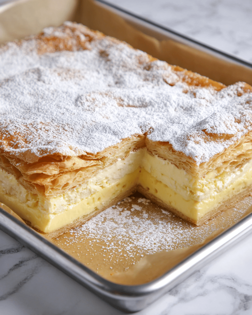 A triangular slice of creamy custard cake sits on a white plate, showing two main layers: the bottom layer is a light golden, flaky pastry, followed by a thick, smooth pale yellow custard filling, topped by another flaky golden pastry layer lightly dusted with white powdered sugar. In the background, the remaining cake is in a baking tray with a piece missing, all set on a white marbled surface. Photo taken with an iphone --ar 4:5 --v 7