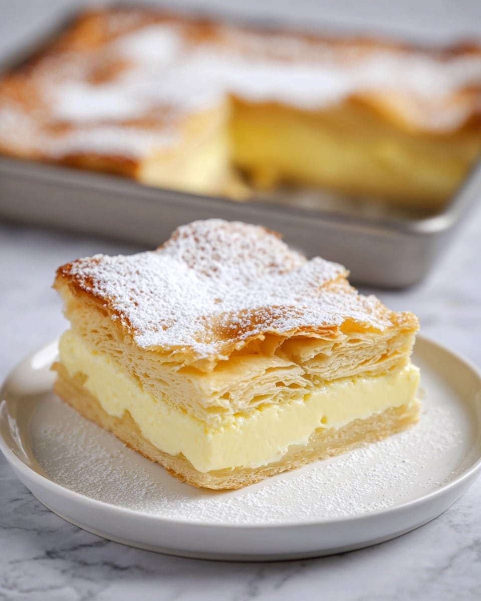 A rectangular pastry with three visible layers sits on a silver baking tray lined with parchment paper on a white marbled surface. The bottom and top layers are golden brown and flaky with a slightly crinkled texture. The middle layer is thick, creamy, and pale yellow, indicating a custard filling. The top layer is dusted generously with white powdered sugar. One small square piece is cut out from the front right corner, clearly showing the thick cream layer inside. Photo taken with an iphone --ar 4:5 --v 7