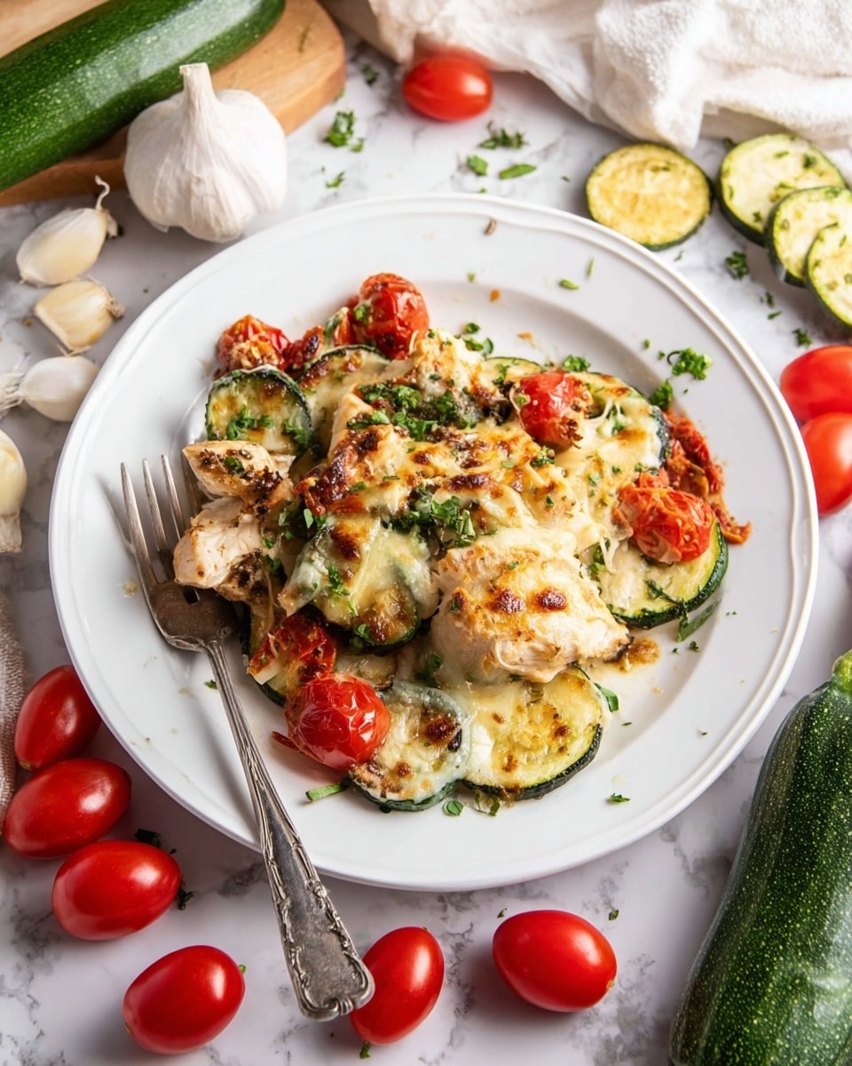 A white plate shows a baked dish with three main layers: the bottom layer includes chunks of cooked chicken with a light brown texture, the middle layer has slices of green zucchini and whole cherry tomatoes cooked until soft, and the top layer is melted, slightly browned cheese covering the vegetables and chicken, garnished with chopped green herbs. A fork rests on the plate, and the dish is surrounded by fresh ingredients like garlic, cherry tomatoes, and zucchini on a white marbled surface. Photo taken with an iphone --ar 4:5 --v 7