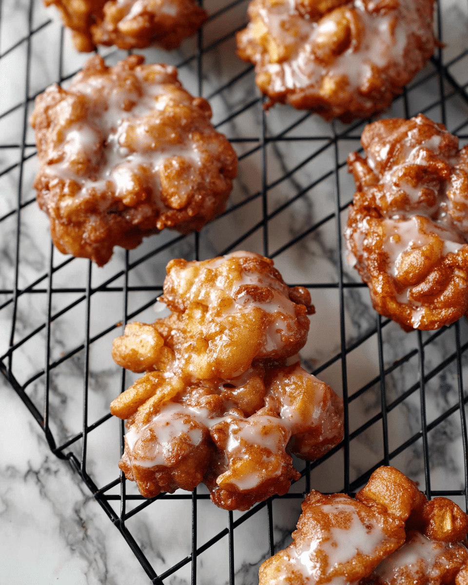 The image shows several golden-brown apple fritters placed on a black wire cooling rack over a white marbled surface. Each fritter is irregularly shaped with a rough, bumpy texture made from chunks of apple batter. They have a shiny glaze of white icing drizzled unevenly over the top, which adds a glossy, slightly sticky look. The fritters have a few visible darker spots where the batter is thicker or caramelized. The arrangement is casual, with some fritters overlapping slightly and others spaced apart. Photo taken with an iphone --ar 4:5 --v 7
