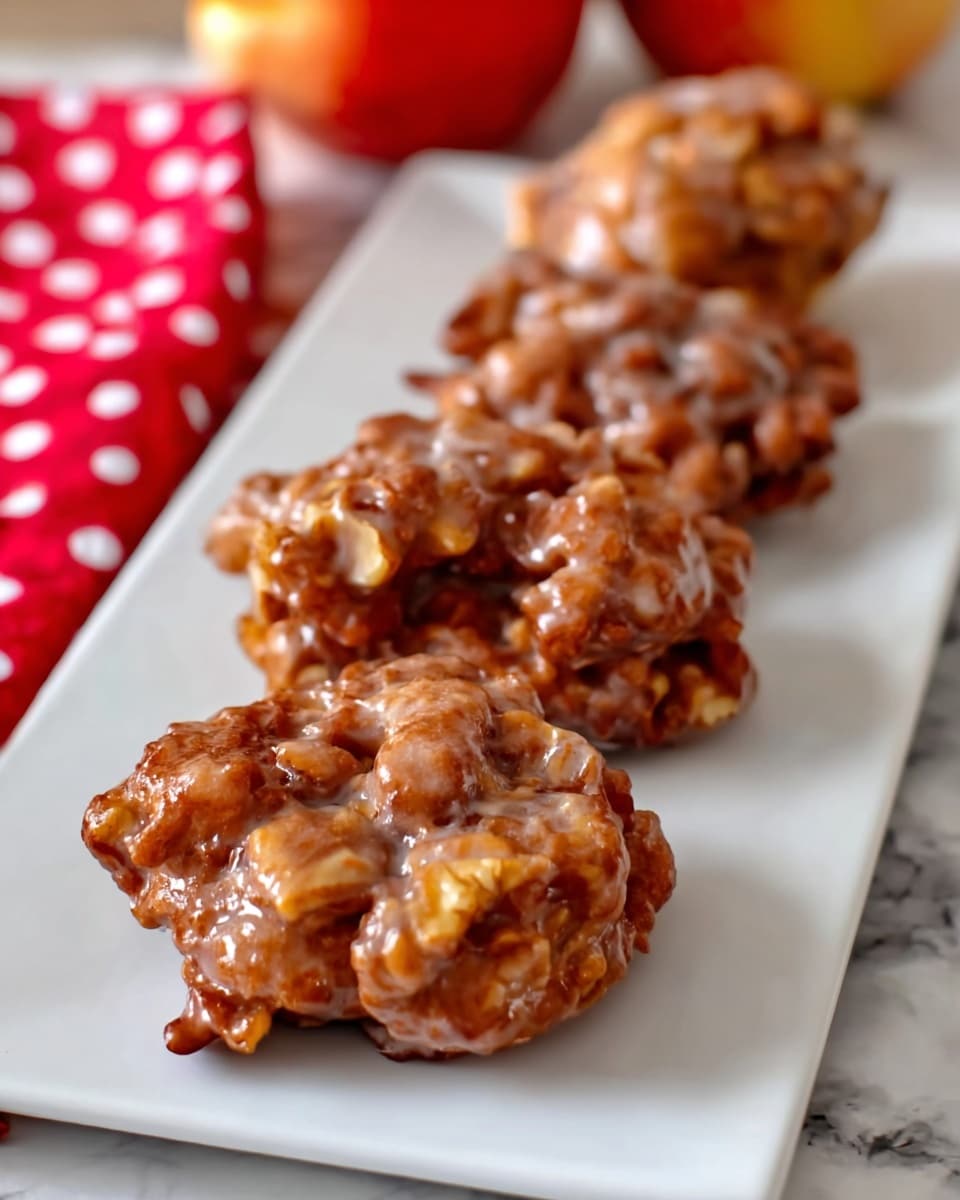The image shows four irregularly shaped, sticky brown fritters on a white rectangular plate arranged in a loose line. Each fritter is coated with a thin, glossy glaze that highlights their rough, bumpy texture with bits of nuts visible inside. The surface beneath the plate has a white marbled texture, and a folded red cloth with white polka dots is partially visible in the background along with some blurred apples. The lighting softly emphasizes the crunchy, glazed surface of the fritters. Photo taken with an iphone --ar 4:5 --v 7