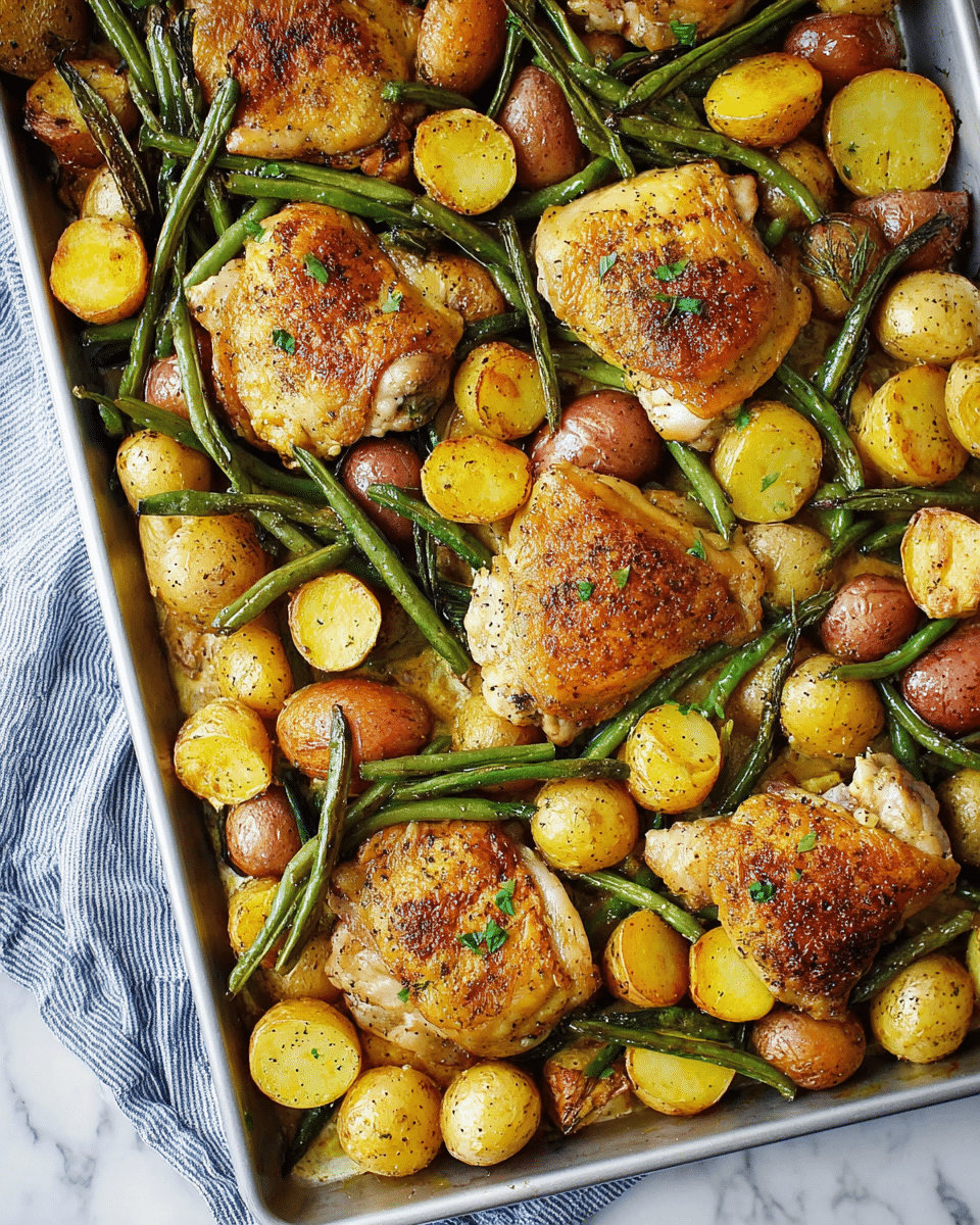 The image shows a metal baking tray filled with golden brown roasted chicken thighs placed on top of a bed of small, cut yellow potatoes scattered evenly around. Bright green roasted green beans are spread throughout the tray, mixed between the chicken and potatoes. The chicken skin looks crispy with a sprinkle of herbs and pepper, while the potatoes have a mix of soft and crisp browned edges. A few small bits of chopped green herbs are sprinkled on top, adding a fresh touch. The tray rests on a white marbled texture surface with a corner of a blue and white striped cloth visible on the side. photo taken with an iphone --ar 4:5 --v 7