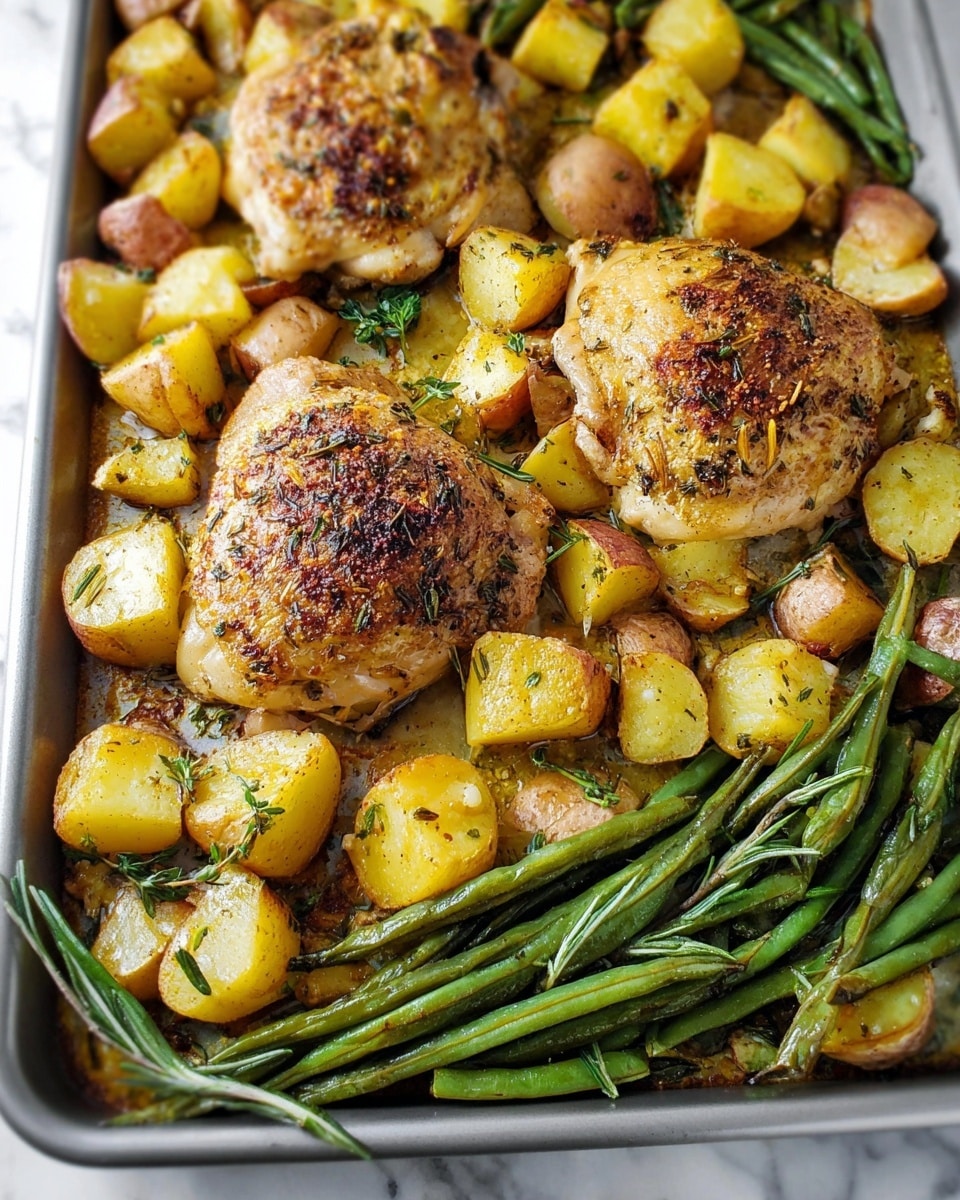 The image shows a baking tray filled with a cooked meal of two large, golden brown chicken thighs sitting in the center, covered with a crispy, herb-speckled skin. Surrounding the chicken thighs are chunks of roasted yellow potatoes with golden edges and some browned spots, and a bunch of roasted green beans placed at the bottom side of the tray. Some fresh herbs are scattered around for garnish. The baking tray is placed on a white marbled surface. photo taken with an iphone --ar 4:5 --v 7