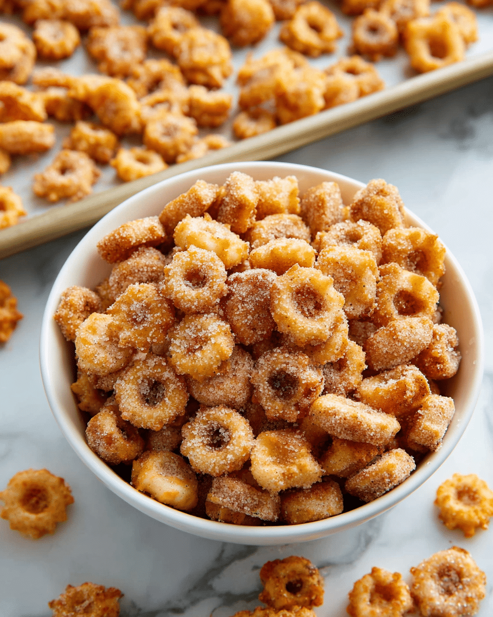 A white bowl filled with small, round, crunchy snacks that look like wheels, cooked to a golden brown and covered in a light coating of white cinnamon sugar. The same snacks spread out closely together on a baking tray behind the bowl. The scene is set on a surface with a white marbled texture. photo taken with an iphone --ar 4:5 --v 7