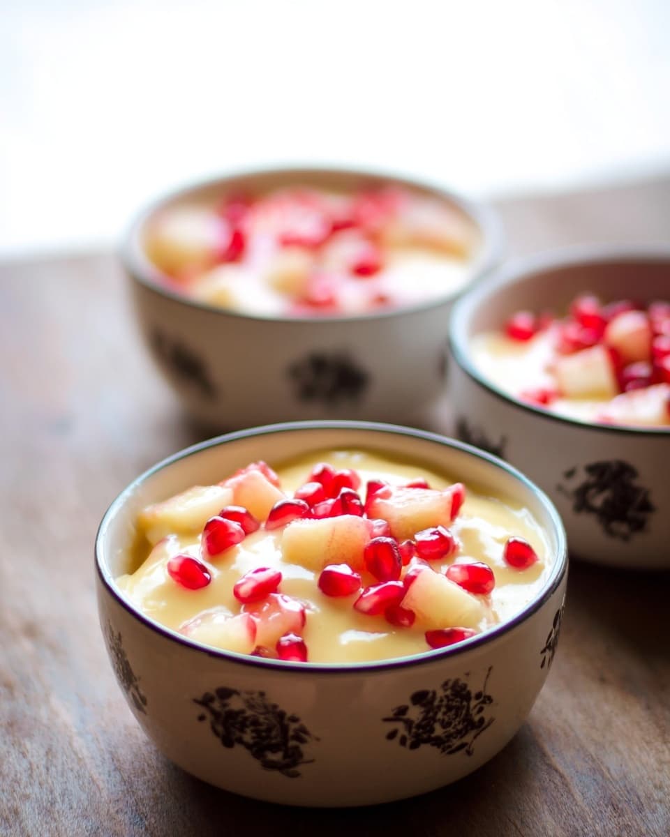 Three white bowls with black designs hold a creamy dessert filled with pale yellow custard and topped with bright red pomegranate seeds and soft pinkish fruit chunks, set on a wooden surface. The front bowl is in clear focus showing the smooth, thick texture of the custard and scattered pomegranate seeds, while the two bowls in the background are slightly blurred, adding depth. The light softly highlights the creamy texture and glossy seeds, creating a fresh and inviting look. photo taken with an iphone --ar 4:5 --v 7