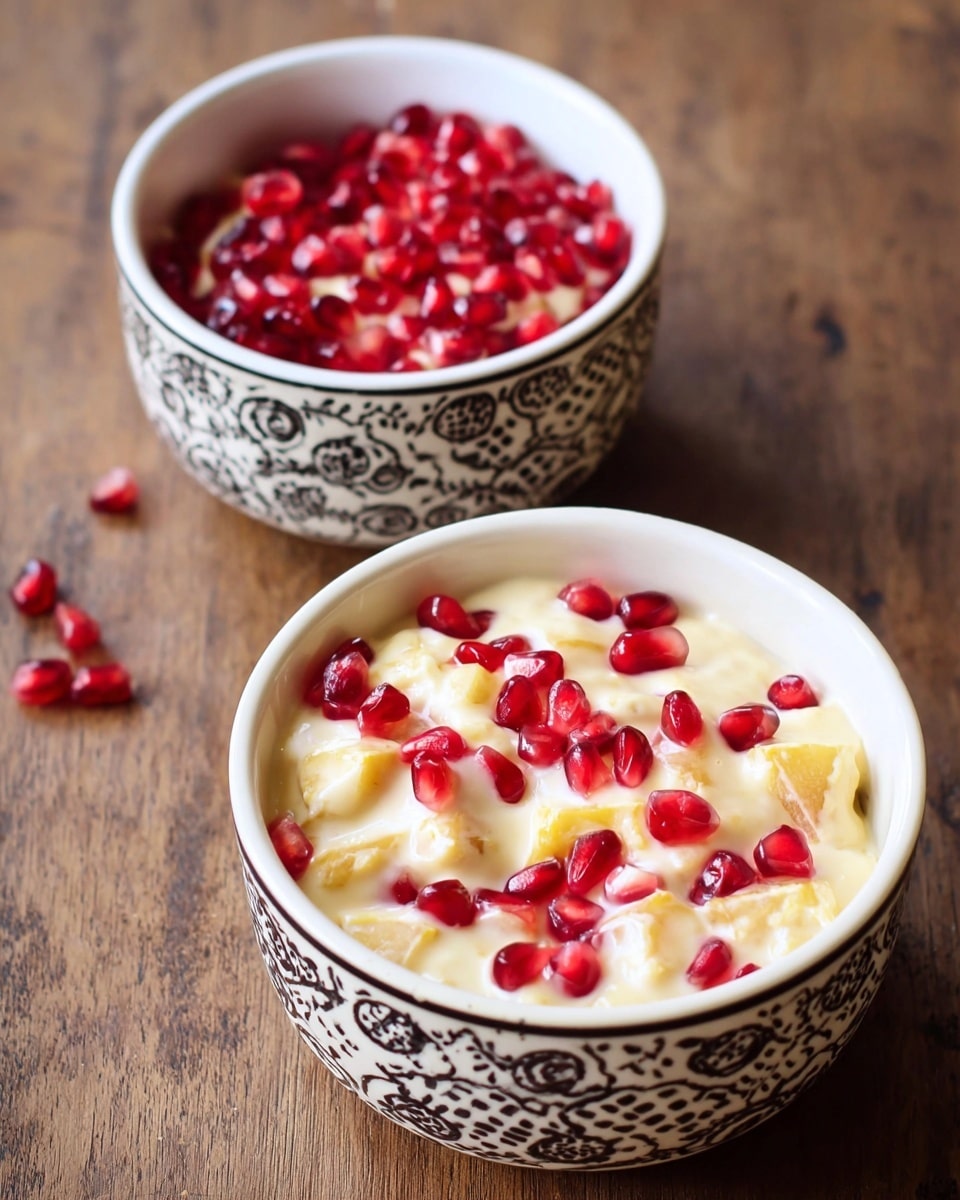 Two white bowls with black patterns hold a creamy dessert with small light yellow pieces mixed in, topped with bright red pomegranate seeds scattered on the surface. A smaller white bowl with the same black pattern is filled to the top with shiny red pomegranate seeds. All bowls are placed on a wooden surface. photo taken with an iphone --ar 4:5 --v 7
