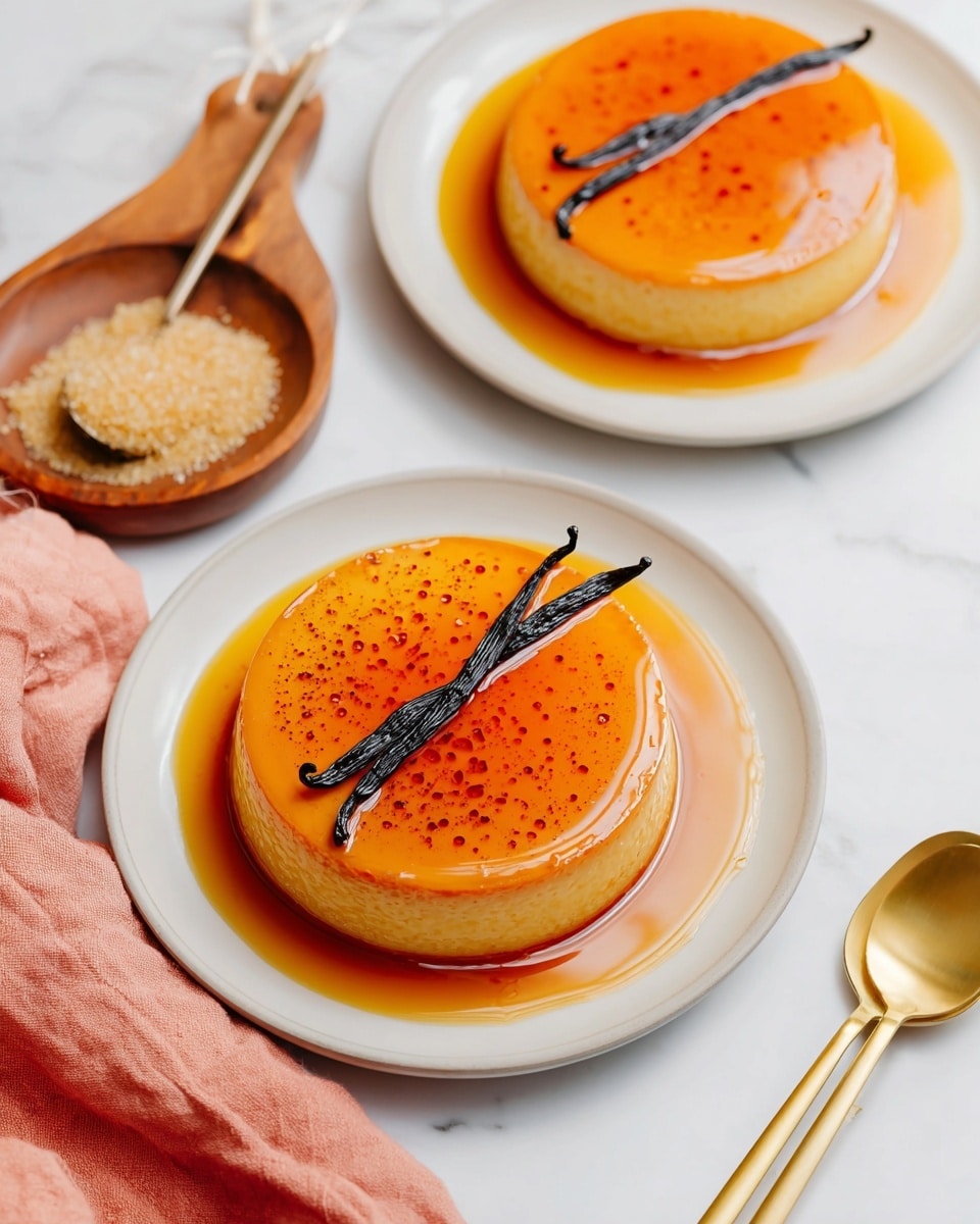 Two round flans sit on white plates over a white marbled surface, each flan topped with a shiny caramel glaze that pools around the base in a rich amber color. The smooth, creamy texture of the flans is highlighted by small bubbles on their golden surface. Each flan is garnished with a thin, dark vanilla bean pod placed across the top. A golden spoon rests near the bottom right, and a soft coral cloth lies to the left beside a wooden tray holding a metal spoon filled with coarse brown sugar. The scene is bright and clean, with a soft natural light enhancing the warm tones of the dessert. Photo taken with an iphone --ar 4:5 --v 7