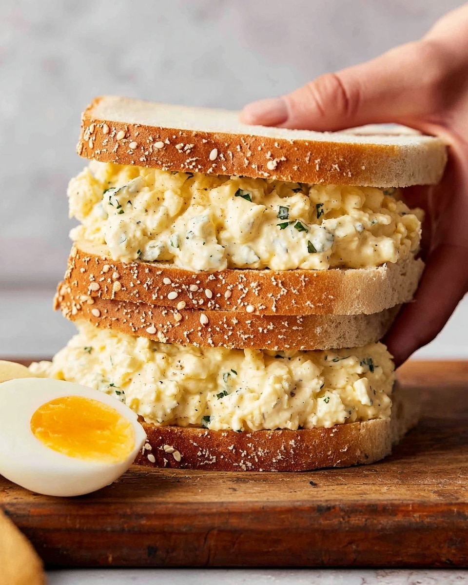 A close-up of a small square egg salad sandwich held by a woman's hand. The sandwich has two layers of soft white bread with a thick, creamy yellow egg salad filling speckled with green herbs, visible between the layers. In the background, there are multiple similar sandwiches stacked on a white marbled texture, some with small green lettuce pieces peeking out. The texture of the bread is soft and fluffy, and the filling looks smooth and rich. photo taken with an iphone --ar 4:5 --v 7