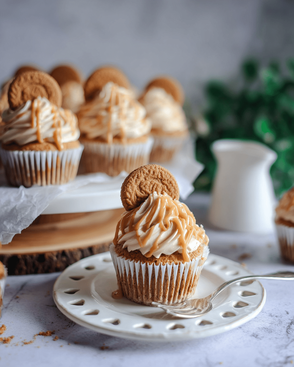 A close-up cupcake sits in the center on a white decorative plate with heart-shaped cutouts along the edge, topped with two swirls of light beige frosting, a light brown creamy drizzle running down the frosting, and a whole round light brown cookie stuck upright in the frosting, all on a golden-brown cupcake base wrapped in a white cupcake liner. Behind it, more cupcakes with the same layers and cookies sit stacked on a wooden slab and white paper, showing a soft textured white marbled surface beneath. A silver fork rests beside the cupcake on the plate, and a small white pitcher is slightly blurred in the background along with a green plant on the right side. Photo taken with an iphone --ar 4:5 --v 7