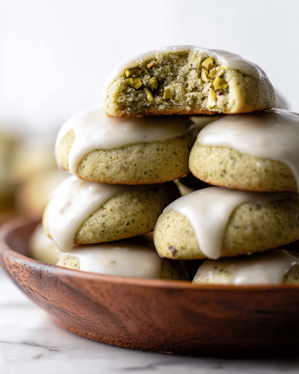 The image shows a stack of small round cookies in a white bowl with a dark wooden brown rim, placed on a white marbled surface. The cookies have a greenish texture with small bits of pistachio visible throughout. Each cookie is topped with a smooth, glossy white glaze that drips slightly down the sides. One cookie is positioned on top of the stack, with a bite taken out of it, revealing a soft, crumbly interior studded with pistachio pieces and a slightly grainy texture. The focus is on the front cookies, with the rest softly blurred in the background. photo taken with an iphone --ar 4:5 --v 7