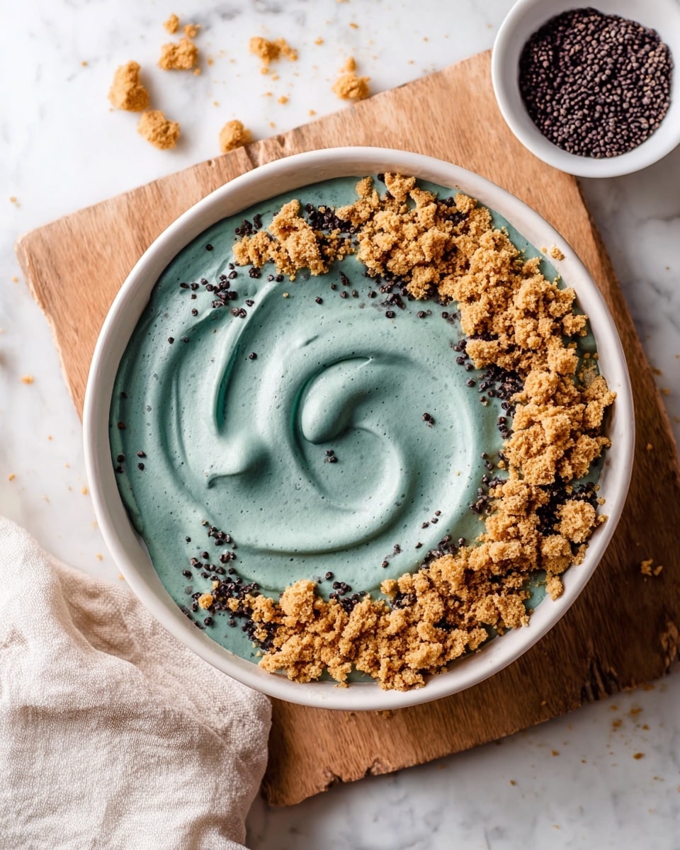 A white bowl filled with a smooth, thick blue-green creamy base as the first layer, swirled with soft peaks. On top, a ring of crumbly, golden brown chunks is arranged around the edge, sprinkled with tiny dark brown seeds and small dark brown nibs for texture. The bowl sits on a wooden board over a white marbled surface, with a small white bowl of dark brown seeds and a light beige cloth partially visible nearby. photo taken with an iphone --ar 4:5 --v 7