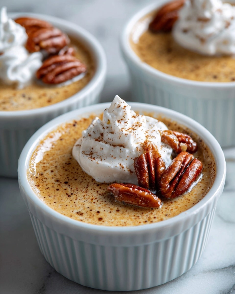 A close-up view of a creamy light brown custard dessert in a white ramekin, topped with a small dollop of white whipped cream and several crunchy, caramelized pecans clustered on one side, sprinkled lightly with cinnamon. The custard has a smooth, slightly glossy texture with tiny specks of spice on the surface. There are two more ramekins in the background, similarly filled but less visible. All ramekins rest on a white marbled surface. photo taken with an iphone --ar 4:5 --v 7
