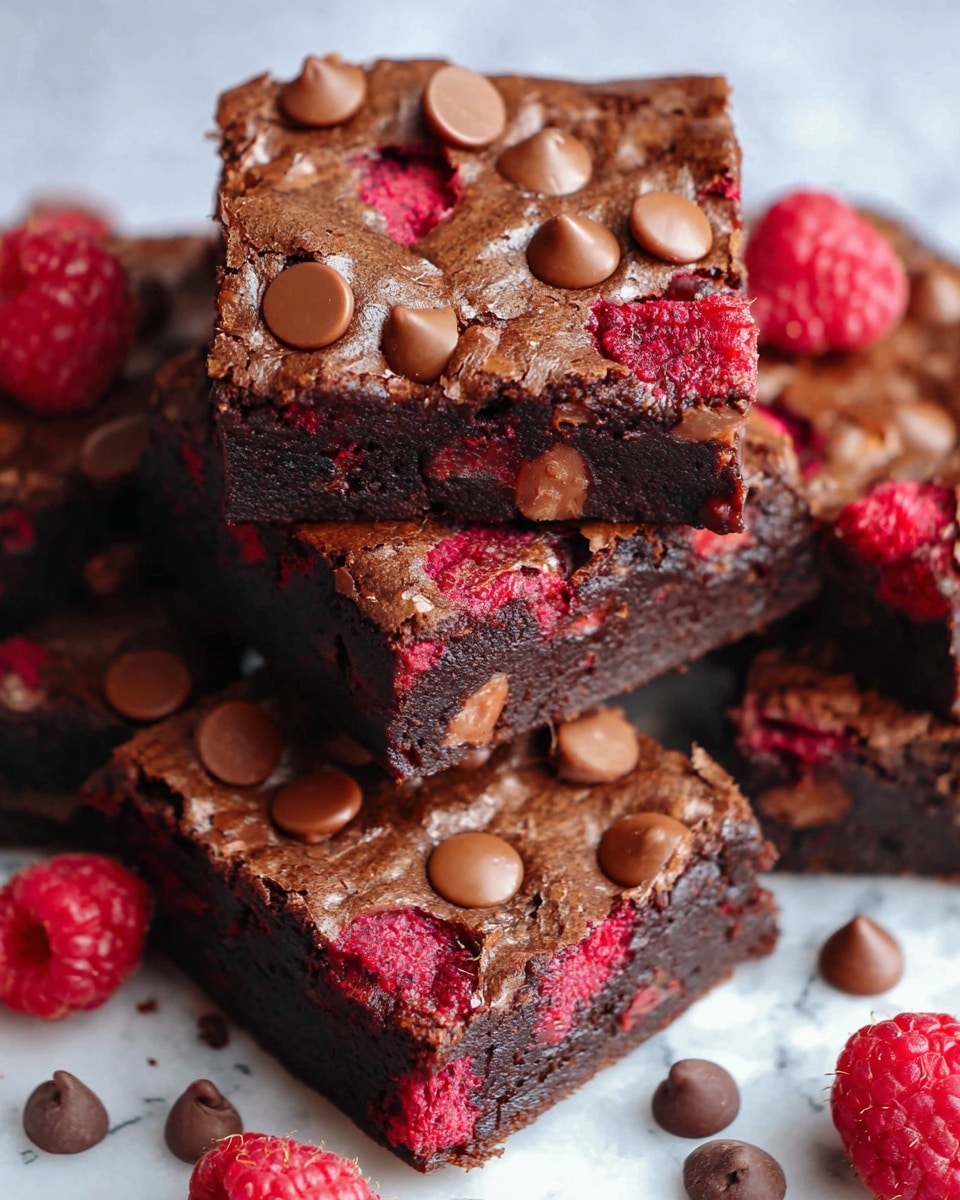 A close-up of several thick, square chocolate brownies stacked on a white marbled surface, each brownie showing a dark brown, slightly cracked top layer embedded with many round, milk chocolate chips and bright red raspberry pieces that peek out both on top and inside the cut edges. The brownies have a dense and fudgy texture with the raspberries adding small red spots throughout. Loose raspberries and chocolate chips are scattered on the white marbled surface around the brownies. photo taken with an iphone --ar 4:5 --v 7