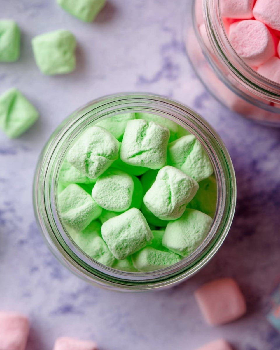 A clear glass jar filled with small, soft, bright green marshmallows, each piece puffed and slightly rounded with a smooth texture and some minor creases. The jar sits on a white marbled surface with scattered green and pink marshmallows around it, adding a playful touch. In the top right corner, a portion of another glass jar with pink marshmallows is visible, showing a mix of pastel colors. The colors are vibrant and the image has a cozy, sweet feel. photo taken with an iphone --ar 4:5 --v 7