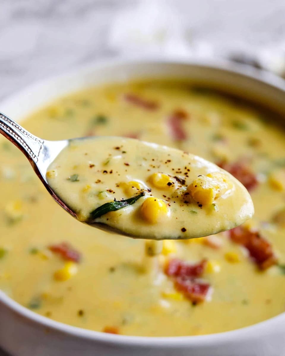 A close-up view of a spoon filled with creamy yellow corn chowder containing small chunks of potato and corn kernels, with tiny black specks of pepper and a green herb leaf visible. The spoon is held above a white bowl full of the same thick soup, which has pieces of corn, green herbs, and bits of reddish-brown bacon or ham spread throughout. The bowl is placed on a surface with a white marbled texture, with soft natural light highlighting the soup's smooth and hearty texture. Photo taken with an iphone --ar 4:5 --v 7