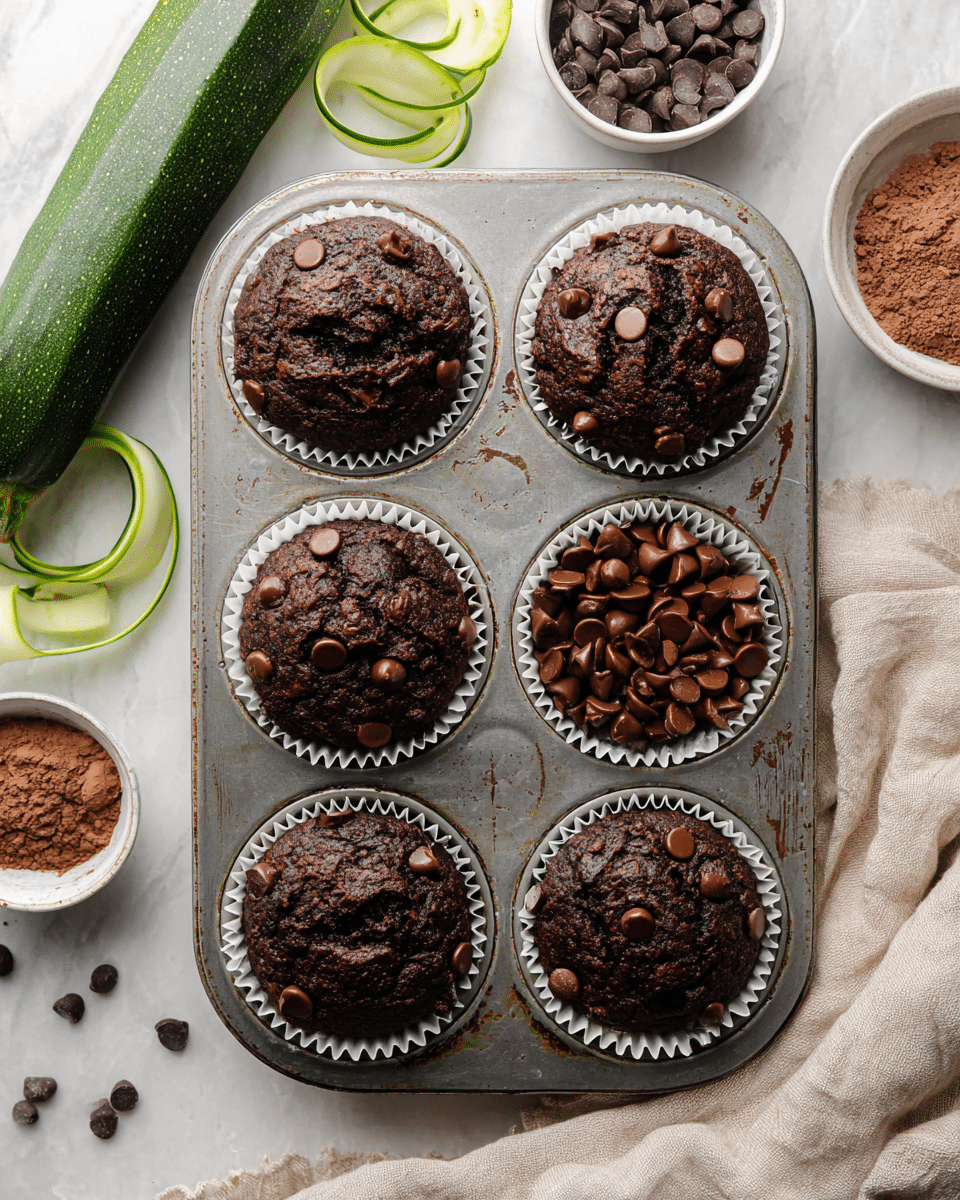 A metal muffin tray holds five rich, dark chocolate muffins in white cupcake liners, each topped with scattered chocolate chips that add texture and shine on their rough, moist surface. The sixth cup is filled with a pile of smooth, shiny chocolate chips. The tray sits on a white marbled texture, surrounded by a whole zucchini, thin green zucchini ribbons curling gently, a small white bowl of cocoa powder, and a white bowl filled with more chocolate chips. A soft, beige cloth peeks in from the bottom corner, enhancing the cozy kitchen feel. photo taken with an iphone --ar 4:5 --v 7