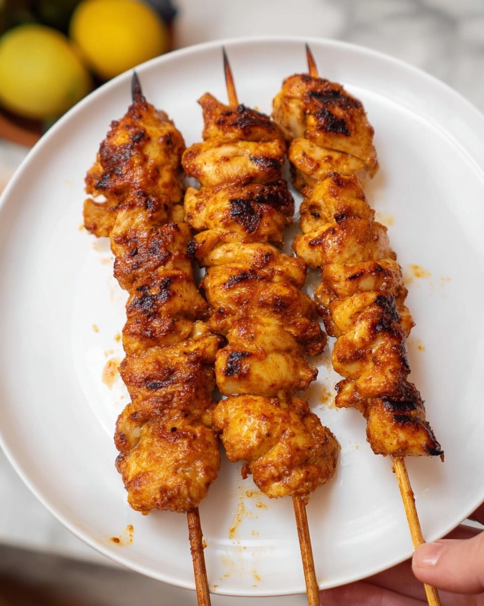 Three grilled chicken skewers with browned, slightly crispy edges and a glistening, orange-brown seasoned surface are placed side by side on a large white plate. The chicken pieces are thick and irregularly shaped, threaded closely together on wooden sticks, showing some char marks and juicy texture. The plate is held by a woman's hand at the lower right, and the background is a white marbled surface with blurred yellow and green objects in soft focus. photo taken with an iphone --ar 4:5 --v 7