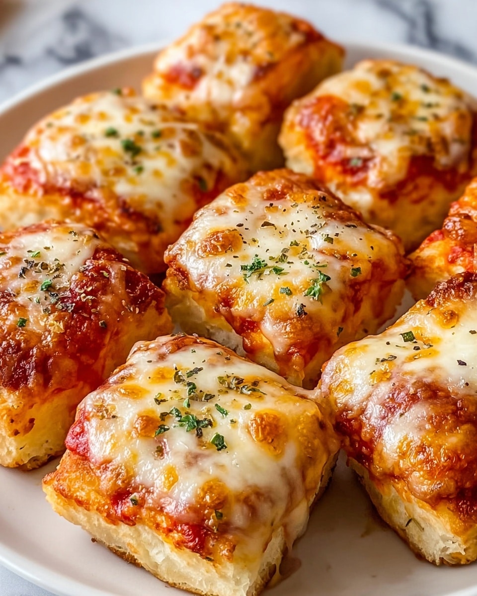 This image shows nine small square pizza slices arranged closely together on a white plate, placed on a white marbled surface. Each pizza piece has two distinct layers: a bottom layer of golden crust with a slightly crispy texture, and a thick top layer covered in melted cheese that is bubbly and browned in spots. Beneath the cheese, bits of bright red tomato sauce peep out around the edges. The cheesy layer is sprinkled with small green herb flakes and a few specks of black pepper, adding color contrast and texture. The cheese's shine and soft melted look give the pizza a fresh and hot appearance. Photo taken with an iphone --ar 4:5 --v 7