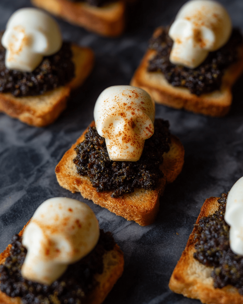 The image shows small square toasted bread pieces, each topped with a dark, finely chopped olive tapenade spread creating a rough texture layer. On top of this, there is a smooth, creamy mozzarella cheese shaped like a skull, slightly off-white with a light sprinkle of reddish seasoning on its surface, giving a spiced look. The tapenade layer contrasts with the pale cheese skull, both placed on white marbled texture beneath, arranged neatly close together on a dark surface. Photo taken with an iphone --ar 4:5 --v 7