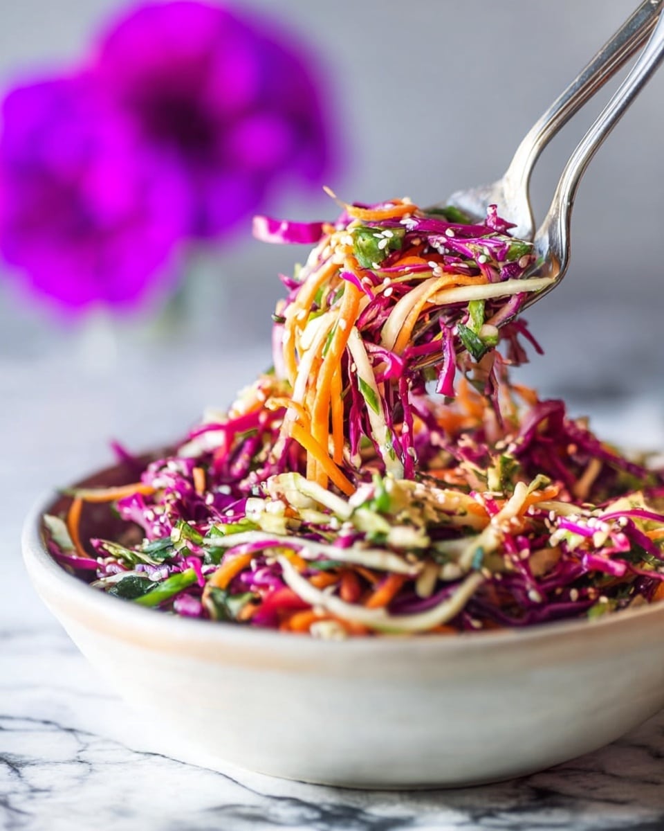 A white bowl filled with a colorful salad made of thin strips of purple cabbage, white cabbage, orange carrots, and green herbs. The salad has a fresh, crunchy texture with visible sesame seeds scattered throughout. Two forks are lifting a mix of the salad, showing the vibrant layers of different colored vegetables. The background has a soft focus with a purple flower blurred behind the bowl, placed on a white marbled surface. Photo taken with an iphone --ar 4:5 --v 7