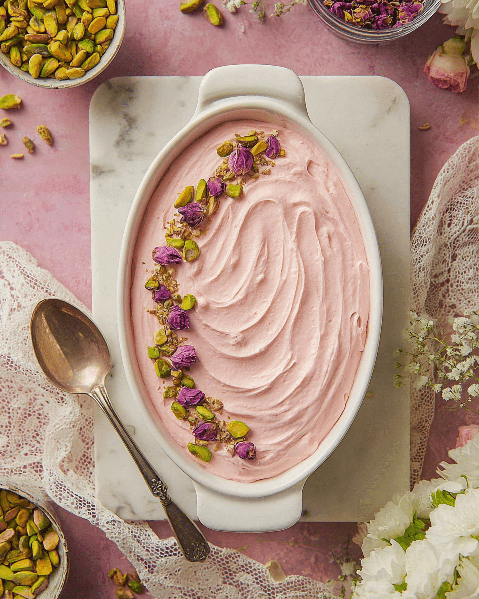 An oval white dish with two small side handles holds a smooth, pale pink creamy layer that covers the top evenly with soft swirling textures. On one side of the dish, a neat curved line of small purple dried rosebuds and scattered sliced green pistachios decorate the surface, adding contrast in color and texture. The dish is placed on a white marbled square board, surrounded by a vintage silver spoon, a bowl with yellow-green pistachios, a small bowl of purple dried rosebuds, a lace fabric, and some white flowers partially visible on the right side. The scene has a soft pink background. photo taken with an iphone --ar 4:5 --v 7