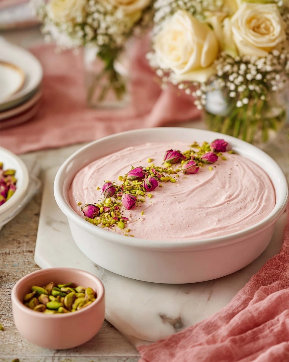 A round white casserole dish filled with a smooth, pale pink creamy dessert that is evenly spread with soft texture and gentle swirls on the surface. On one side of the top layer, there is a line of small dried pink rose buds and thin green pistachio slivers, creating a colorful and natural garnish. The dish is placed on a white marbled surface with a soft pink tablecloth underneath. Nearby, there is a small pale pink bowl filled with more dried rose buds, and a white bowl containing chopped green pistachios. A bouquet of light cream roses and small white flowers in a glass vase sits in the blurred background. photo taken with an iphone --ar 4:5 --v 7