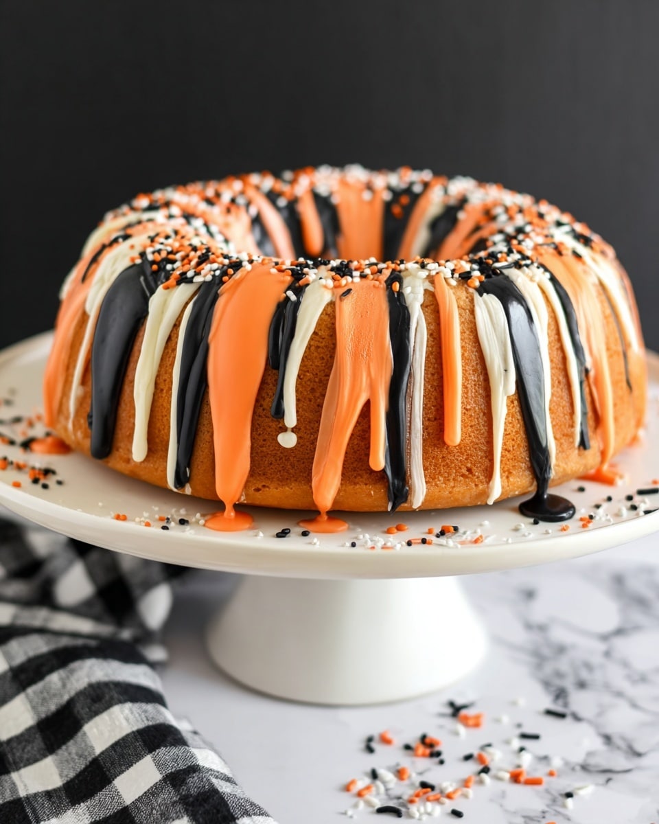 A round bundt cake with a light brown base sits on a white cake stand with a smooth, glossy surface. The cake is covered with thick drizzles of orange, black, and white icing that flow unevenly from the top to the sides, creating a striped pattern. There are small, round sprinkles in orange, black, and white scattered on the icing and around the cake stand. The background has a white marbled texture, and a black and white checkered cloth is partially visible on the side. Photo taken with an iphone --ar 4:5 --v 7