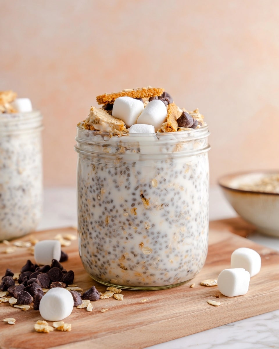 The image shows a clear glass jar filled with a creamy mixture of white yogurt or pudding with visible dark chia seeds and small beige oat flakes mixed inside, creating a speckled texture. On top of the mixture, there is a layer of mini white marshmallows, broken light brown graham cracker pieces, and a few dark chocolate chips, giving a crunchy and sweet contrast. Around the jar on a light wood board, there are scattered mini marshmallows, chocolate chips, and broken graham cracker bits. The background is a soft, out-of-focus light peach color, and the surface under the jar is a white marbled texture. photo taken with an iphone --ar 4:5 --v 7